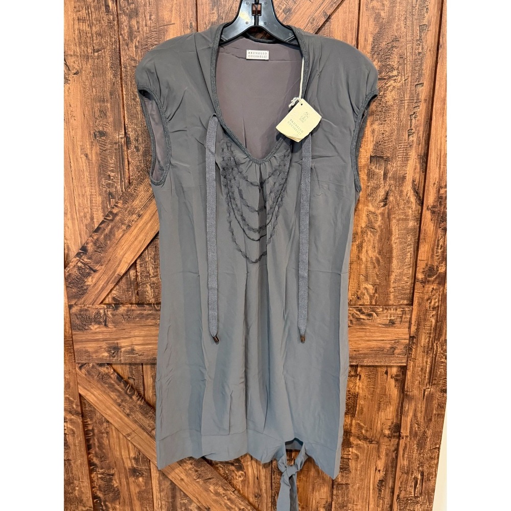 Brunello Cucinelli Silk Shift Dress Women's Large Gray Sleeveless V-Neck Italy